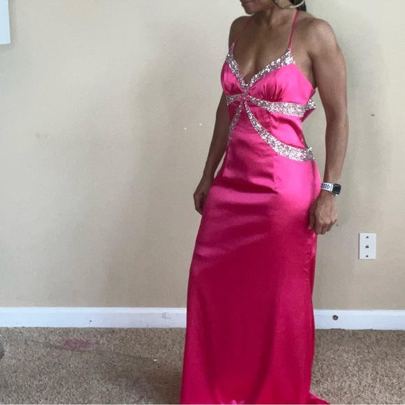 Cache Hot Pink and Silver Beaded Sequin Sexy Low Back Prom Evening Gown - Picture 8 of 15